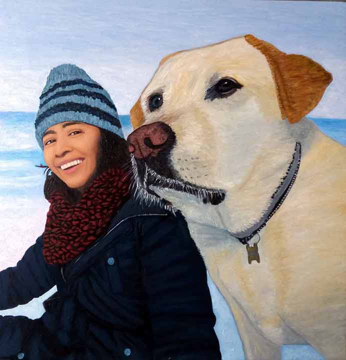 Retrato de una chica con un perro enorme San Bernardo en la nieve pintado en un cuadro de mascotas al óleo por encargo.